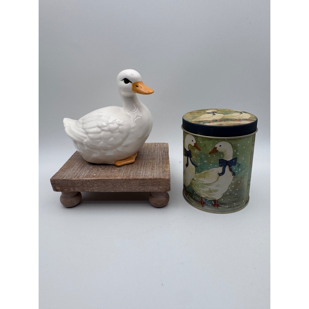 Vintage Ceramic White Duck Figurine and Matching Goose Metal Storage Tin Set
